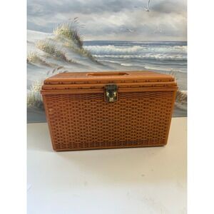 Vintage Burnt Orange Faux Wicker Plastic Sewing Basket Box with Tray & Thread